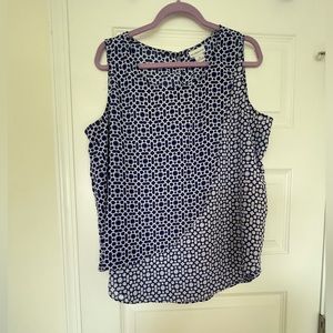 Liz Claiborne Sleeveless Blue & White Sheer pullover top  w/ button & loop Sz Lg